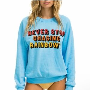Aviator Nation Never Stop Chasing Rainbows Crew Neck Sweatshirt‎ Pullover Blue S